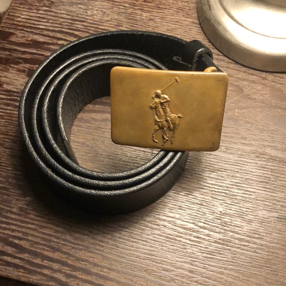 RL Black Leather Belt with Gold Pony Buckle